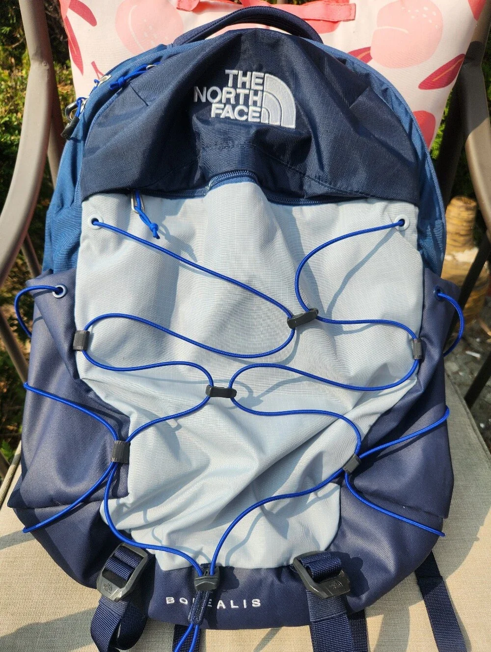 The North Face Borealis Backpack in Navy and Light Gray with Blue Bungee EUC